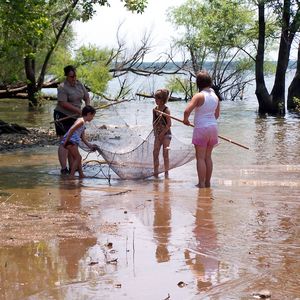 Park naturalist and children seining for minnows.