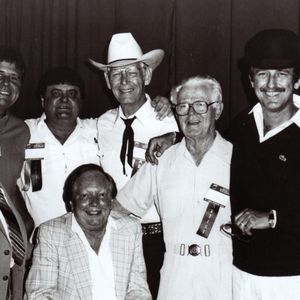(Left to Right) Steel Guitar Hall of Fame members Speedy West, Hal Rugg, Jimmie Crawford, Leon McAuliffe, Shot Jackson, Buddy Emmons and Pete Drake (front)