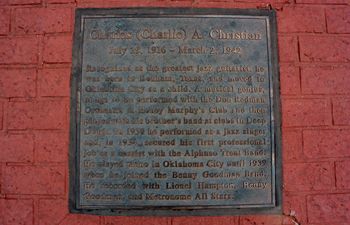 Charlie Christian's  historical marker in Deep Deuce stands on the corner of 2nd Street and Central. The marker is in the sidewalk.  Jimmy Rushing's marker is on the opposite corner.  