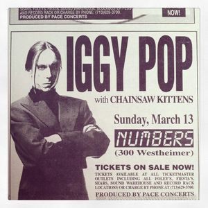 Advertisement for a 1994 performance at Numbers night club in Houston, Texas featuring Iggy Pop and Chainsaw Kittens