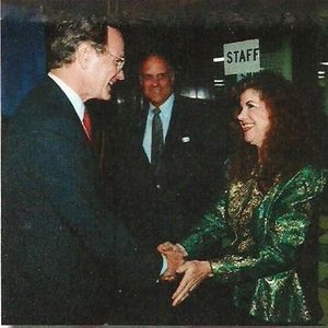 Former President George H. W. Bush greets Jody Miller. After hearing her patriotic album "My Country," then Vice-President Bush's campaign contacted Jody to sing at campaign stops for the candidate. Jody would go on to perform at President Bush's Inaugural Ball in Washington D.C. 