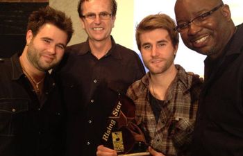 Left to Right: Zac Swon, Jim Paul Blair, Colton Swon and Jermaine Mondaine at the Oklahoma Music Hall of Fame during filming of an episode of The Voice and presentation of the Rising Star Award in 2013