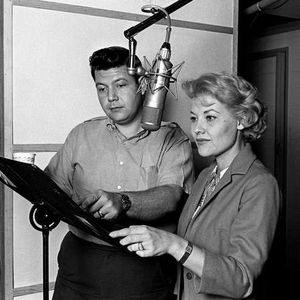 Patti Page works on an album in a recording studio.