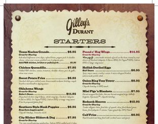 View Gilley's Durant Menu