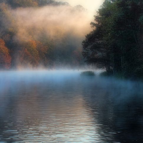 Mist fills a tree-lined valley surrounding the Mountain Fork River in Beavers Bend State Park on a cool fall morning.