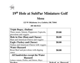 View SubPar Miniature Golf Menu