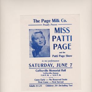 Poster advertises a live performance by Miss Patti Page.