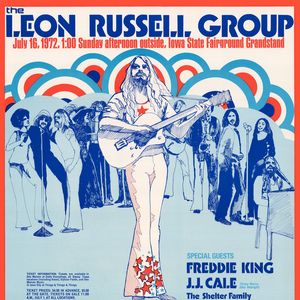 A tour poster for The Leon Russell Group advertises the group appearing at the Iowa State Fairgrounds with special guest JJ Cale.