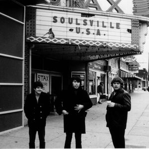 L to R. Jimmy Karstein, Tulsa, Jesse Ed Davis, and Donald “Duck” Dunn in Memphis in front of Stax Record Company ca. 1968.