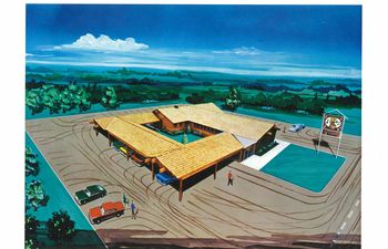 A rendering of Conway Twitty's Twitty Burger restaurant in Oklahoma City reveals what the property would look like from above.  Notice that the wrap-around drive-in carport is shaped like the letter C while the restaurant itself is shaped like the letter T.