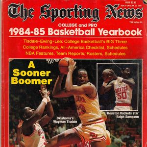 Wayman Tisdale playing for the Oklahoma sooners on the cover of a 1984 issue of The Sporting News magazine