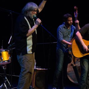 Tom Skinner onstage with John Fullbright and David Leach at Fullbright's 2014 CD release show at Mitchell Hall in Edmond.
